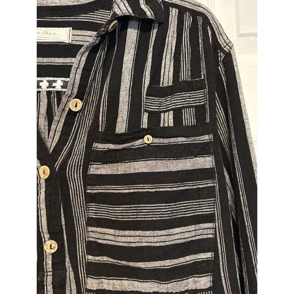 We The Free Womens Black Gray Linen Blend Summer Breeze Stripe Popover S Boho - Picture 2 of 8